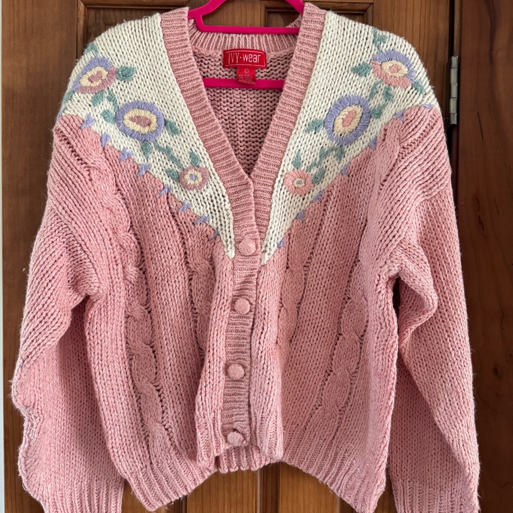Vintage Ivy Wear Chunky Cardigan Women’s Large Pink Floral Shoulder Pads Granny